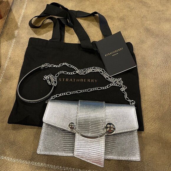 Strathberry Crescent On A Chain Silver Lizard Embossed Leather Crossbody NWOT - Picture 10 of 10